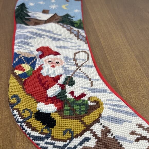 Vintage Needlepoint Christmas Stocking Santa Sleigh Reindeer Red Fabric Back - Picture 6 of 11